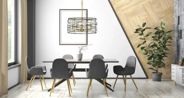 The Boca chandelier combines brushed brass and matte black finishes in a contemporary wire frame design. At 22 inches wide, it's perfectly sized for medium dining spaces and kitchen islands, offering versatile style. - alternate view