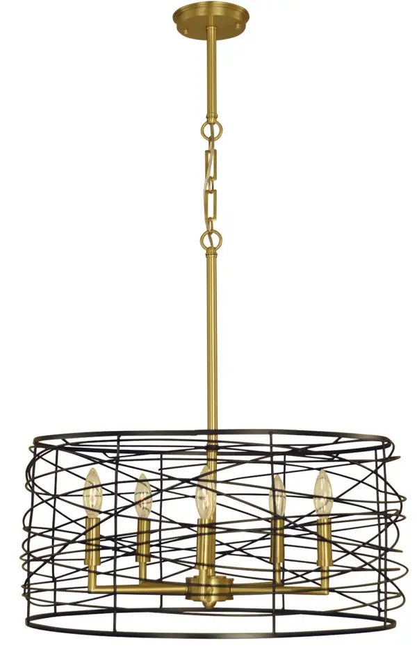 The Boca chandelier combines brushed brass and matte black finishes in a contemporary wire frame design. At 22 inches wide, it's perfectly sized for medium dining spaces and kitchen islands, offering versatile style.
