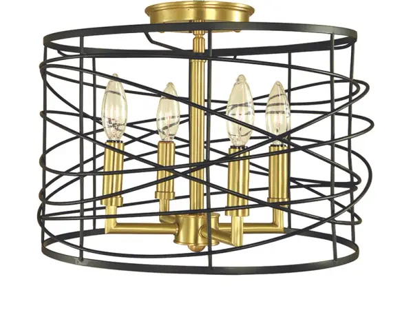 The Boca flush mount combines brushed brass and matte black finishes in a contemporary wire cage design. At 14 inches wide and 11 inches high, it provides stylish illumination for smaller spaces with standard ceiling heights.
