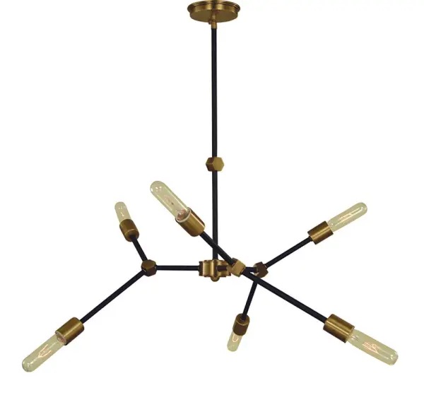 The Kinetic chandelier combines antique brass warmth with modern matte black accents in a dynamic 6-light design. Its adjustable drop accommodates various ceiling heights, while the 30-inch width provides substantial presence over dining tables.