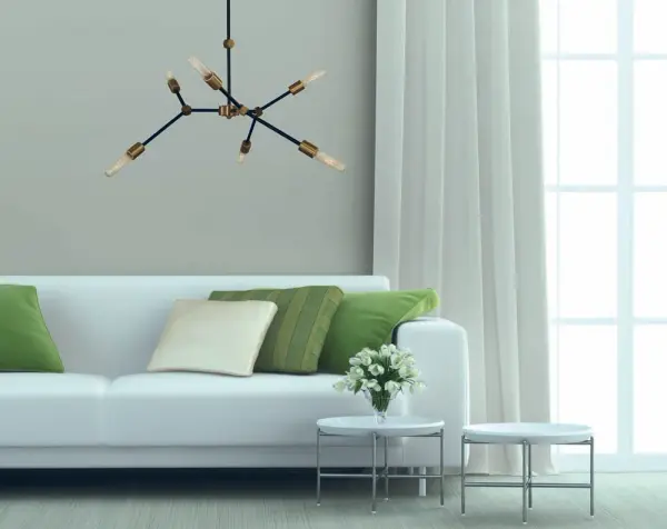 The Kinetic chandelier combines antique brass warmth with modern matte black accents in a dynamic 6-light design. Its adjustable drop accommodates various ceiling heights, while the 30-inch width provides substantial presence over dining tables. - alternate view