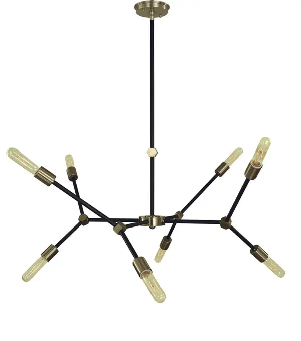 The Kinetic chandelier combines brushed nickel and matte black finishes in a contemporary linear design. With 8 lights spanning 36 inches, it provides excellent illumination for dining spaces while making a bold style statement.