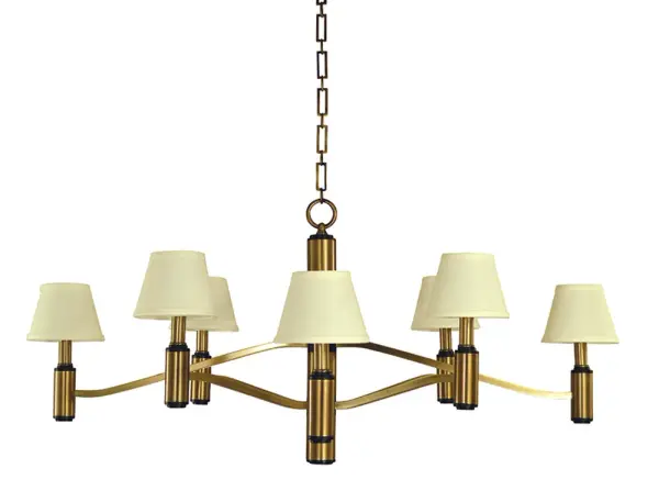 The Hampton chandelier combines antique brass warmth with modern matte black accents across eight candle-style lights. Its generous 40-inch width and elegant linen shades create a refined focal point for formal dining spaces.