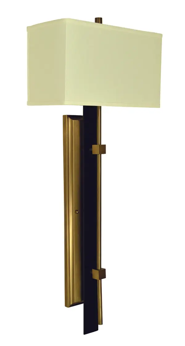 This striking 2-light wall sconce combines antique brass and matte black finishes for a sophisticated mixed-metal look. The 33-inch height and off-white linen shades create elegant ambient lighting perfect for hallways and bedrooms.