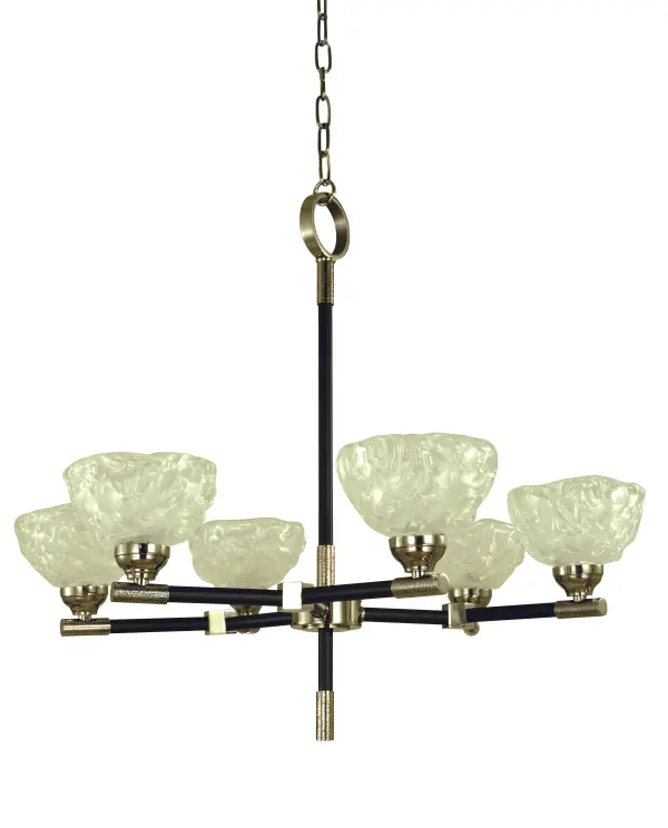 Italian Piastra glass with accent hammering on arms and stems. Every Framburg lighting fixture is made in the USA.