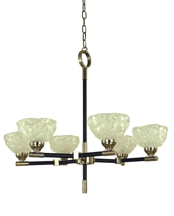The Stonebridge chandelier combines polished nickel and matte black finishes for sophisticated contrast. Five frosted glass shades provide warm, diffused light perfect for dining spaces. Adjustable chain allows customization for various ceiling heights.