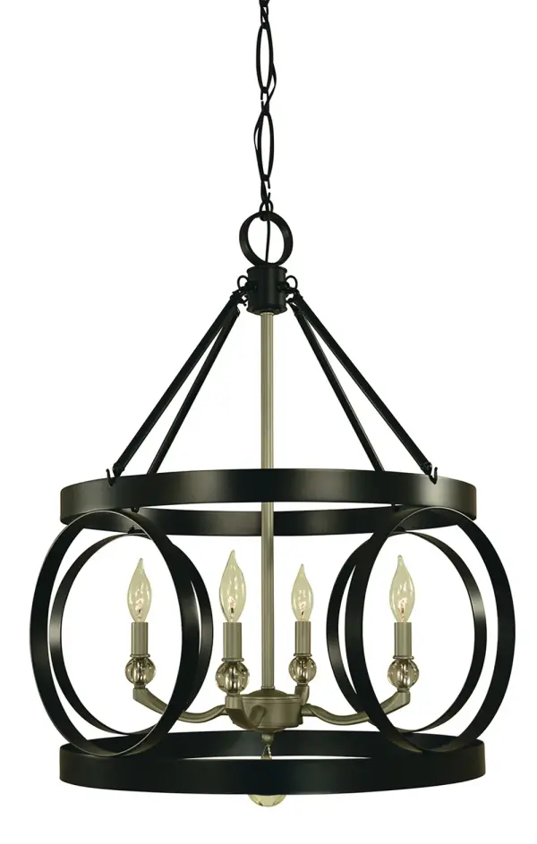 The Amelia chandelier combines matte black and satin pewter finishes for sophisticated contrast. Its 22-inch width and 4-light configuration provide balanced illumination for medium-sized dining areas while the adjustable chain allows customization.