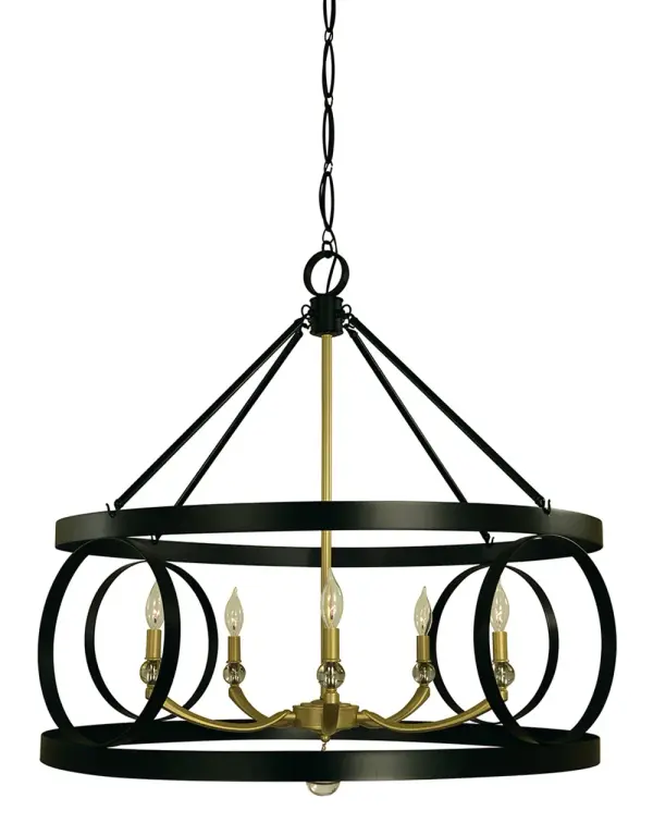 The Amelia chandelier combines matte black and satin brass finishes in a substantial 33-inch frame. Five candle-style lights create dramatic illumination perfect for large dining spaces and grand entryways.