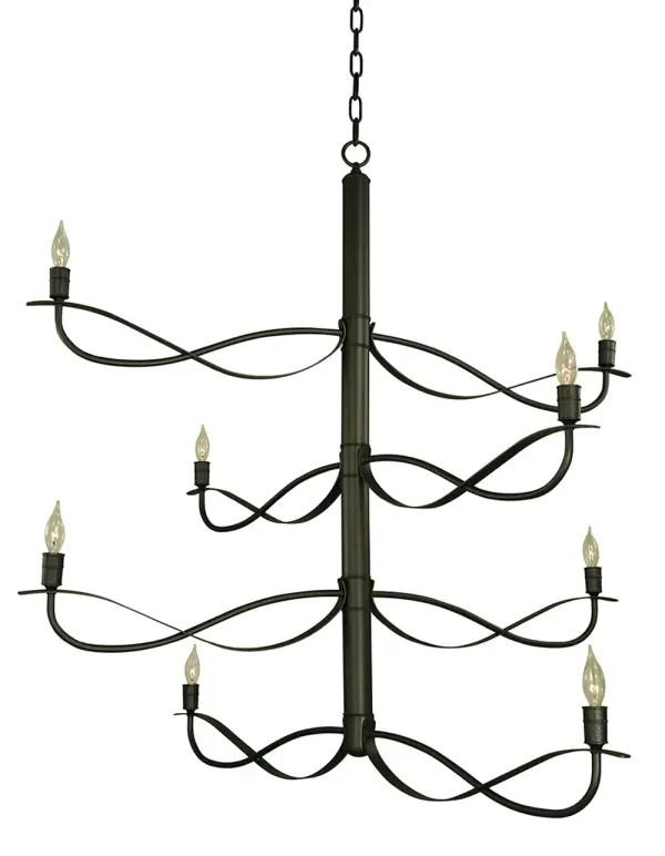 This commanding 8-light chandelier brings rustic elegance to grand foyers and entryways. At 46 inches wide and 48 inches tall, the iron frame creates a bold architectural presence perfect for two-story spaces.