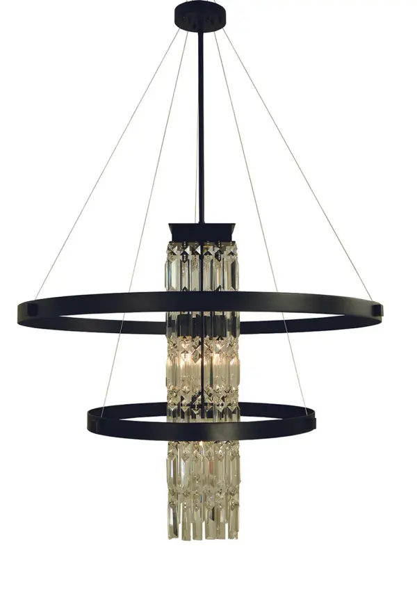 The Iris chandelier makes a bold architectural statement with its 33-inch width and impressive vertical presence. The matte black finish provides contemporary sophistication while the 5-light configuration delivers ample illumination for large spaces.