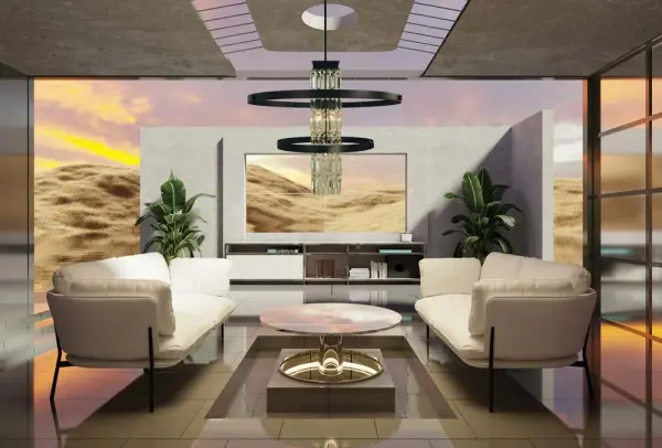 The Iris chandelier makes a bold architectural statement with its 33-inch width and impressive vertical presence. The matte black finish provides contemporary sophistication while the 5-light configuration delivers ample illumination for large spaces. - alternate view