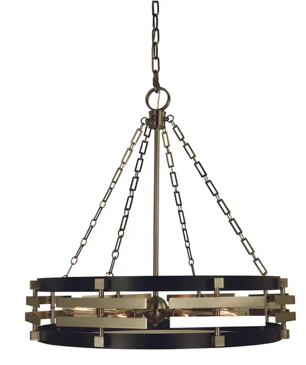 The Eden chandelier combines brushed nickel and matte black finishes for a striking transitional design. With 8 lights and a 30-inch diameter, it delivers substantial illumination and visual impact perfect for dining rooms and large gathering spaces.