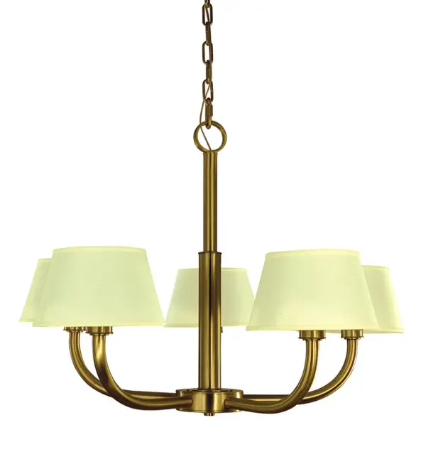 The Emma chandelier combines classic elegance with contemporary styling through its brushed brass finish and clean-lined silhouette. Five lights with linen shades provide warm, diffused illumination perfect for dining spaces.