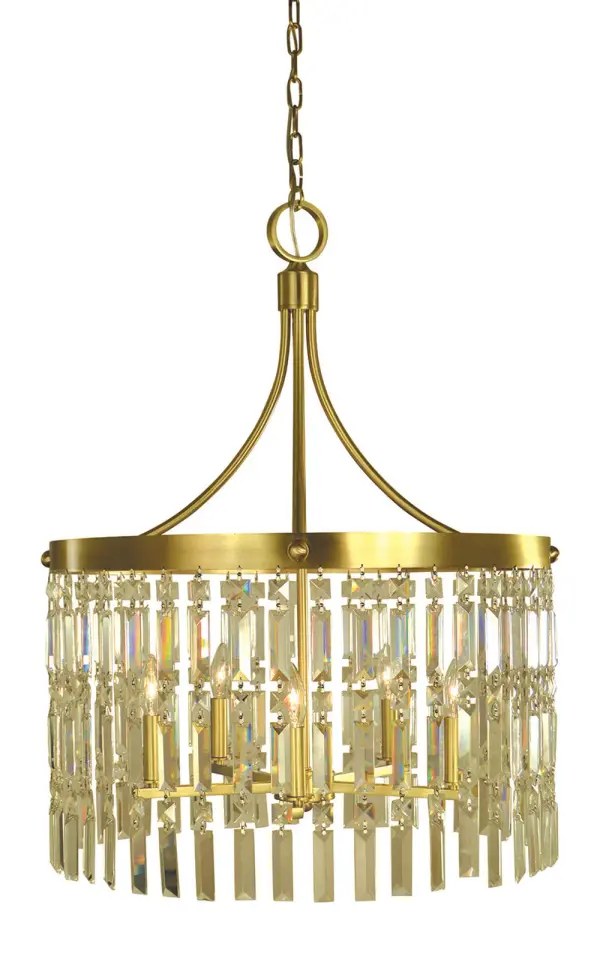 The Holly chandelier combines classic candle-style lighting with a contemporary brushed brass finish. At 24 inches wide, it's perfectly sized for medium dining spaces, offering versatile style that bridges traditional and modern aesthetics.