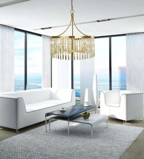 The Holly chandelier brings timeless elegance to dining spaces with its classic 6-light candle design and warm brushed brass finish. At 24 inches wide, it's perfectly proportioned for medium-sized rooms and tables. - alternate view