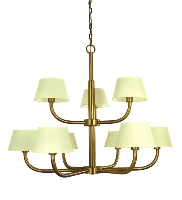 The Emma 9-Light Foyer Chandelier commands attention with its impressive 49-inch width and dramatic 41-inch height. Featuring nine lights with elegant off-white linen shades and a warm brushed brass finish, this fixture transforms grand entryways into welcoming spaces.