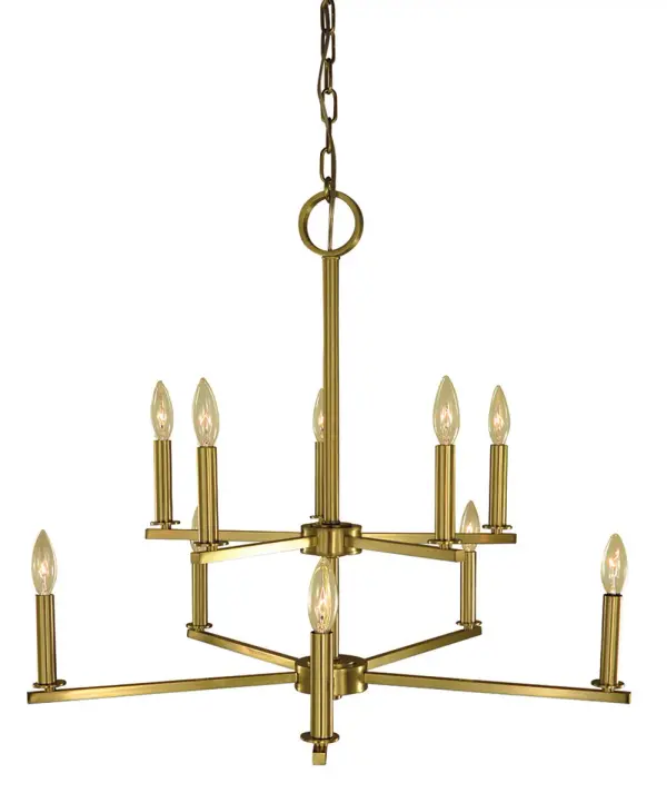 The Evelyn chandelier combines transitional elegance with contemporary flair. Its brushed brass finish and 10-light candle configuration create a stunning focal point for dining rooms and entryways.