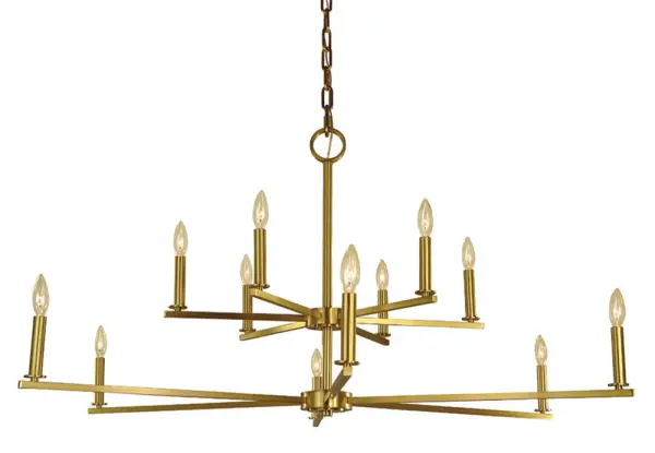 The Evelyn 12-light chandelier commands attention with its impressive 48-inch width and 27-inch height. The brushed brass finish adds warmth and sophistication, while the 12 candle-style lights provide ample illumination for grand spaces.