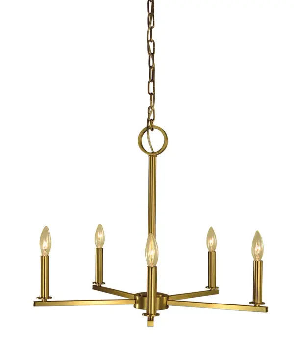 The Evelyn chandelier combines transitional elegance with contemporary simplicity. Its brushed brass finish adds warmth while the 5-light candle configuration provides ample illumination for dining spaces. Versatile design works across traditional and modern interiors.