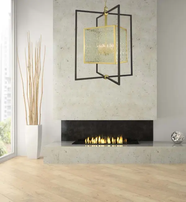 The Avery foyer chandelier combines brushed brass warmth with matte black sophistication in a dramatic 32-inch wide design. Perfect for high-ceiling spaces, this 6-light fixture creates an impressive focal point with its mixed-metal aesthetic. - alternate view