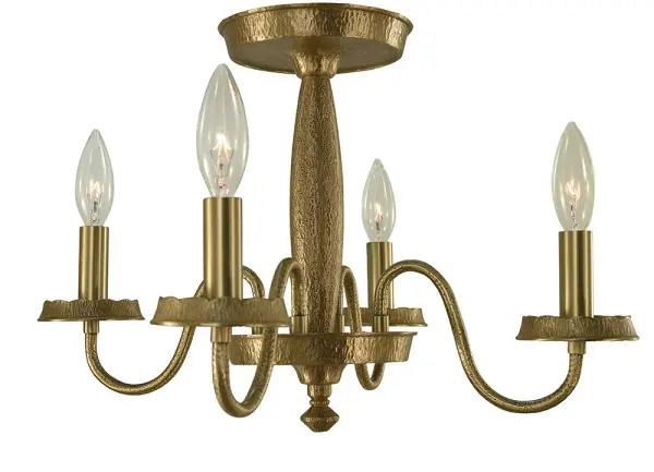 The Matera semi-flush mount combines warm brushed brass with a compact 17-inch profile, making it ideal for spaces with lower ceilings. Four candelabra lights provide ample illumination while the transitional design complements both traditional and contemporary interiors.