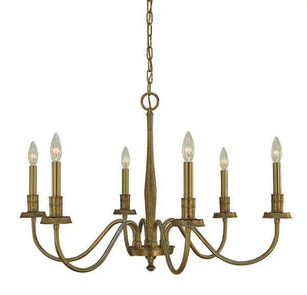 The Matera chandelier combines transitional elegance with contemporary flair in a stunning brushed brass finish. Its 32-inch width and 6-light configuration deliver both style and function for medium to large dining areas.