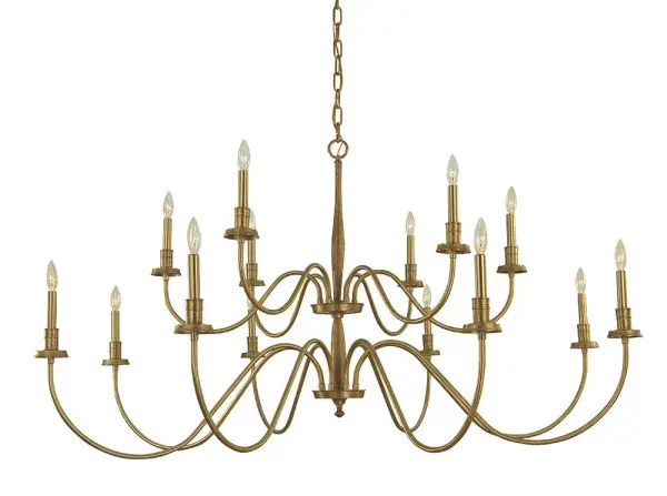 The Matera 14-light foyer chandelier commands attention with its impressive 60-inch width and 14 candelabra lights. Finished in warm brushed brass, this oversized fixture is purpose-built for grand entryways and two-story spaces.