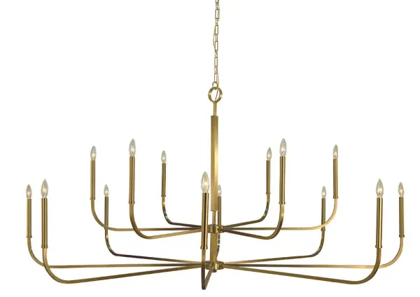 The Manhattan foyer chandelier commands attention with its impressive 72-inch width and 14 candelabra lights. Designed for grand entryways and two-story spaces, this oversized fixture delivers maximum impact with warm brushed brass finish.