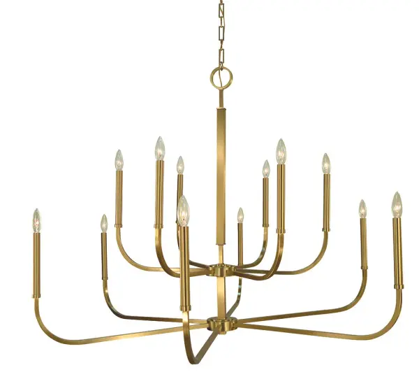 The Manhattan chandelier makes a bold architectural statement with 12 candelabra lights arranged in a contemporary geometric design. Its substantial 46-inch width and brushed brass finish bring warmth and sophistication to large dining spaces.