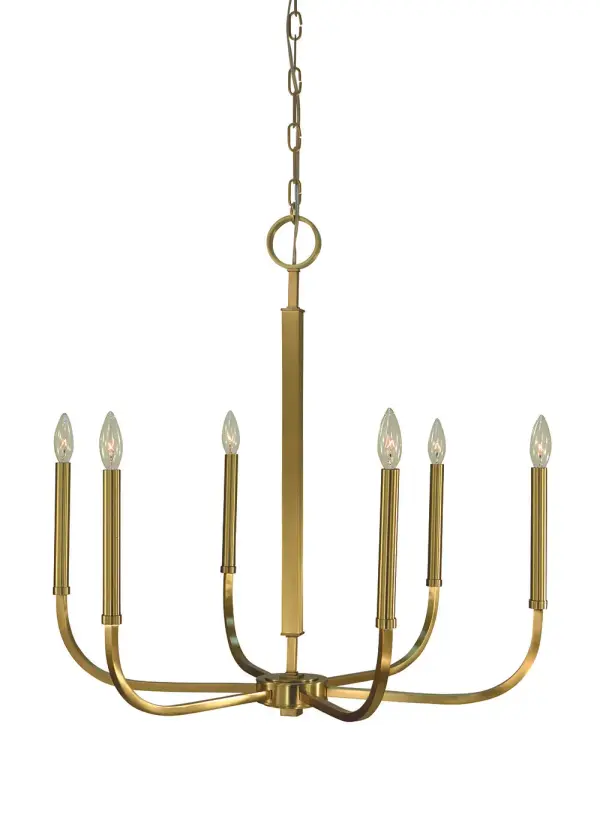 The Manhattan chandelier brings contemporary elegance to dining spaces with its geometric design and warm brushed brass finish. Six candle-style lights provide ample illumination while the 28-inch width suits medium to large tables perfectly.
