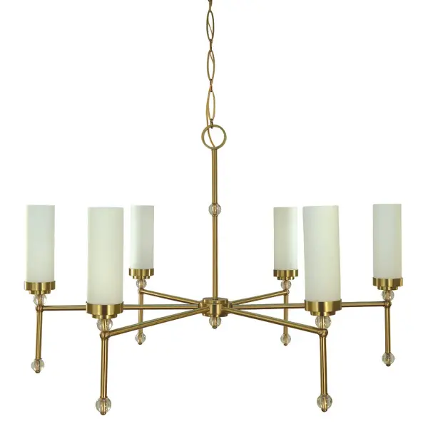 The Emily chandelier makes a bold impression with its substantial 46-inch width and warm brushed brass finish. Six lights provide ample illumination for large dining spaces, while the transitional design bridges traditional and contemporary aesthetics.