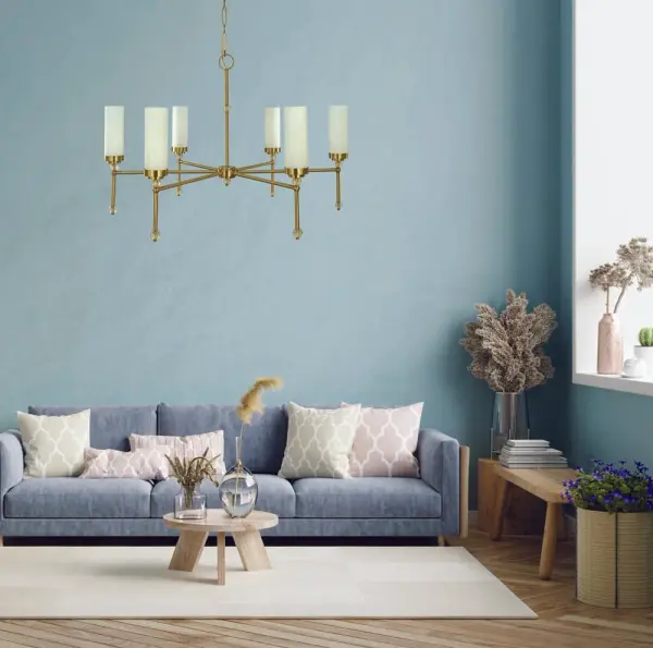 The Emily chandelier makes a bold impression with its substantial 46-inch width and warm brushed brass finish. Six lights provide ample illumination for large dining spaces, while the transitional design bridges traditional and contemporary aesthetics. - alternate view