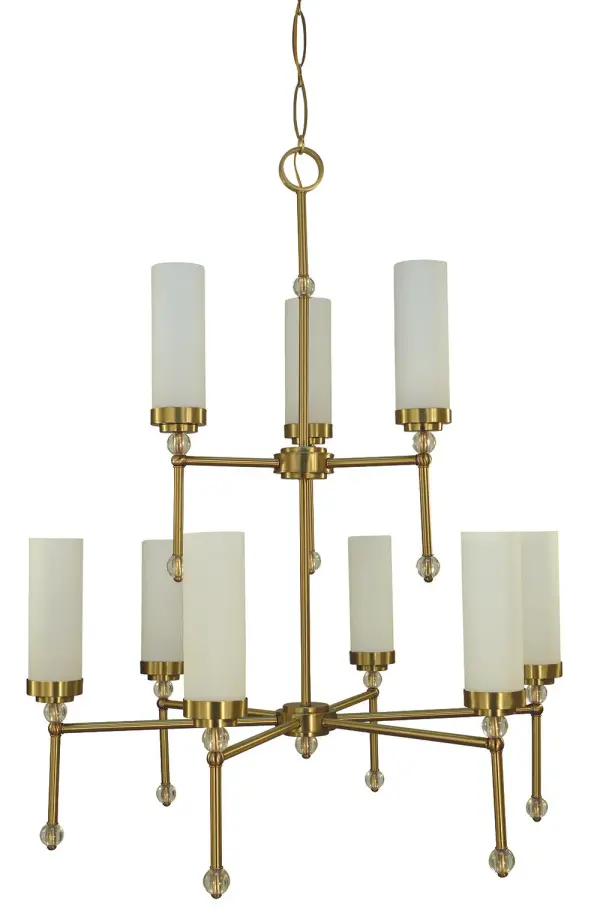 The Emily foyer chandelier commands attention with its impressive 36-inch width and 46-inch height, featuring 9 lights that provide abundant illumination for grand entryways and two-story spaces. The brushed brass finish adds warmth and elegance.