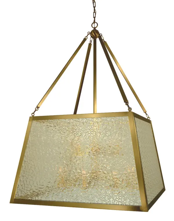 The Avery foyer chandelier makes a dramatic statement with 12 candle-style lights arranged in a 36-inch wide frame. Its brushed brass finish and substantial 54-inch height create impressive vertical presence ideal for high-ceiling entryways.