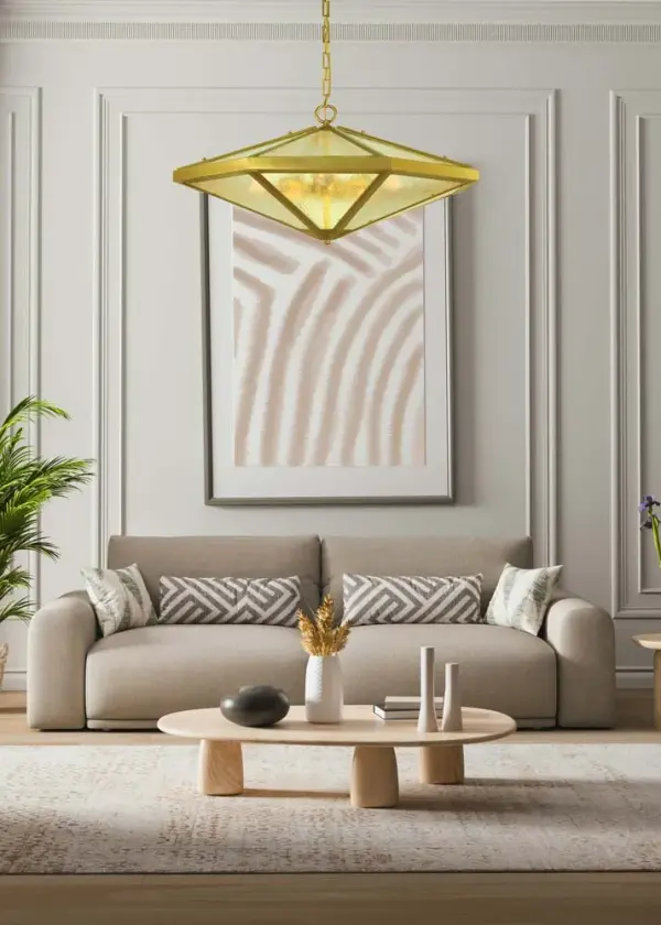 The Nova chandelier brings contemporary elegance to dining spaces with its 26-inch width and warm brushed brass finish. Five lights provide ample illumination while the adjustable 3-foot chain allows customization for various ceiling heights. - alternate view