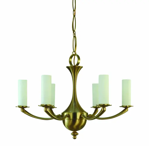 The Atherton chandelier combines classic candelabra styling with contemporary brushed brass finish. Its 27-inch width makes it perfectly proportioned for medium dining spaces, while the 6-light configuration provides ample illumination.
