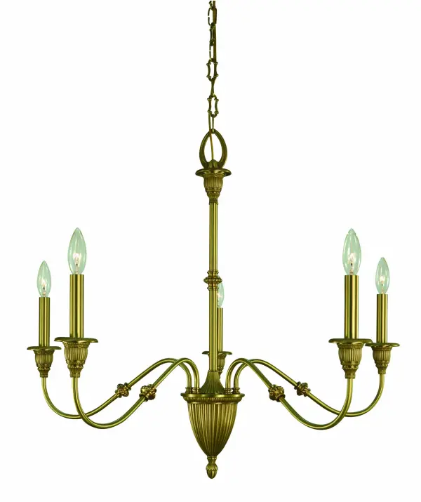 The Hinsdale 5-Light Chandelier combines classic candelabra styling with contemporary brushed brass finish. At 31 inches wide, it's perfectly sized for medium dining spaces, offering versatile style that bridges traditional and modern aesthetics.
