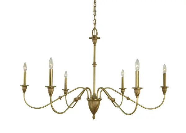 The Hinsdale chandelier combines contemporary linear design with warm brushed brass finish. Its generous 45-inch width and 6-light configuration provide ample illumination for large dining tables while making a sophisticated style statement.