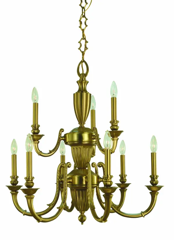 The Wellesley 9-light chandelier combines classic candle-style design with warm brushed brass finish. At 27 inches wide and 31 inches tall, it makes a substantial statement in dining rooms and foyers while maintaining elegant proportions.