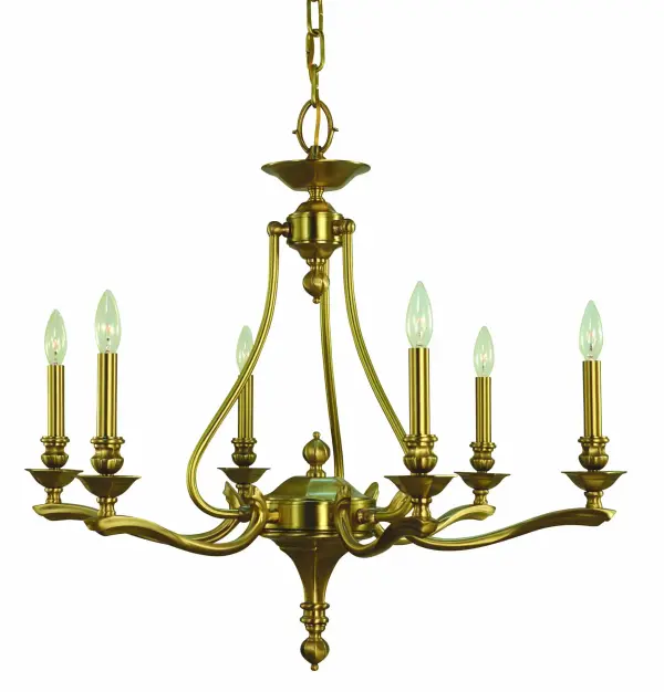 The Fin De Siecle chandelier brings turn-of-the-century elegance to modern dining spaces. Its 31-inch width and brushed brass finish create a sophisticated focal point, while six candle-style lights provide ample illumination.