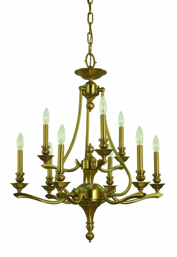 The Fin De Siecle chandelier brings turn-of-the-century European elegance to dining spaces with its brushed brass finish and 9-light candelabra design. At 25 inches wide and 31 inches tall, it's perfectly scaled for medium to large rooms.