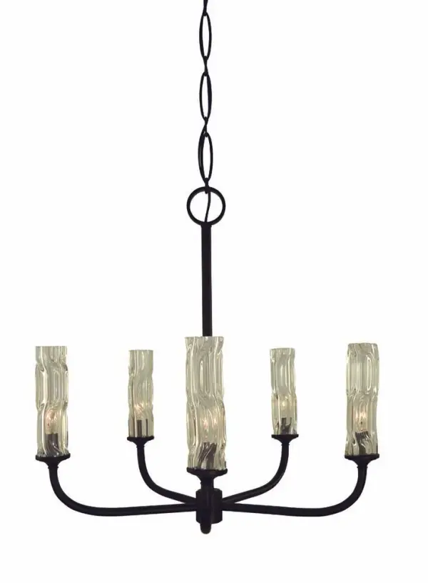 The Kaia 5-Light Chandelier combines matte black metal with clear wavy glass cylinders for a sophisticated transitional look. At 26 inches wide, it's perfectly sized for medium dining spaces and kitchen islands.