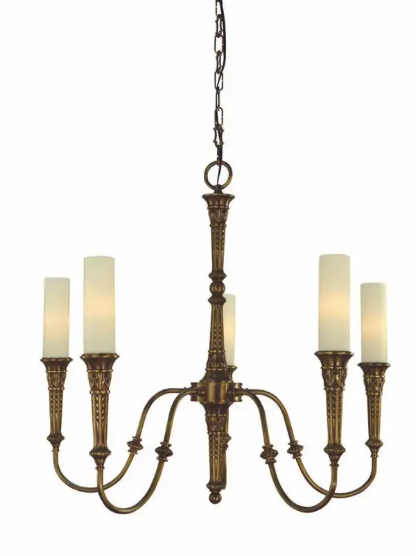 The Old Greenwich chandelier brings timeless sophistication to dining spaces with its 5-light design and warm antique brass finish. Matte white glass cylinders provide soft, diffused light while the traditional silhouette works beautifully in both coastal and transitional interiors.