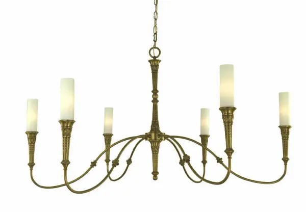 The Old Greenwich chandelier combines classic design with coastal-inspired elegance. Its 46-inch linear profile and antique brass finish create a sophisticated focal point, while six candle-style lights provide ample illumination.