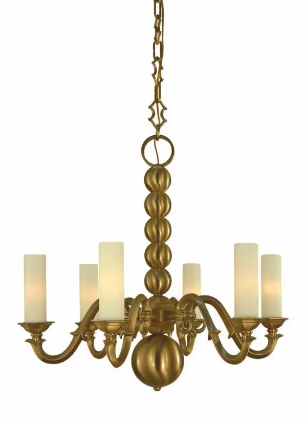 The Louisville chandelier combines classic candelabra styling with contemporary brushed brass finish and clean glass cylinders. Its 28-inch width and 6-light configuration deliver substantial illumination while maintaining refined proportions for medium dining spaces.