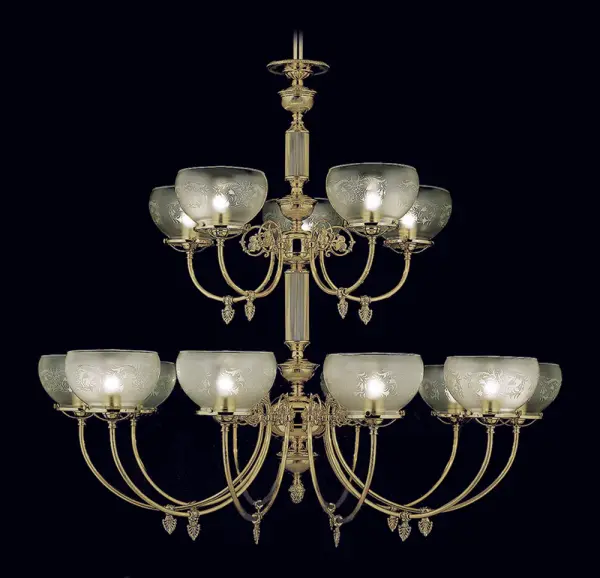 The Chancery 15-Light Foyer Chandelier commands attention with its impressive 44-inch width and polished brass finish. Featuring etched glass shades and adjustable chain hanging up to 115 inches, it's designed for grand spaces with high ceilings.