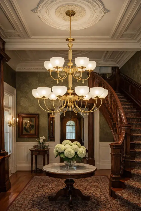 The Chancery 15-Light Foyer Chandelier commands attention with its impressive 44-inch width and polished brass finish. Featuring etched glass shades and adjustable chain hanging up to 115 inches, it's designed for grand spaces with high ceilings. - alternate view