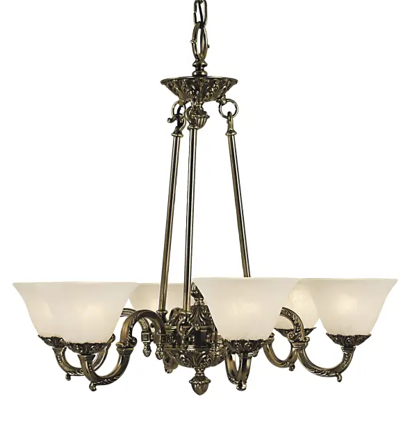 This six-light chandelier brings classic empire design to traditional and transitional spaces. Italian brass casting and USA manufacturing ensure quality construction, while the antique silver finish with white shades offers versatile elegance.