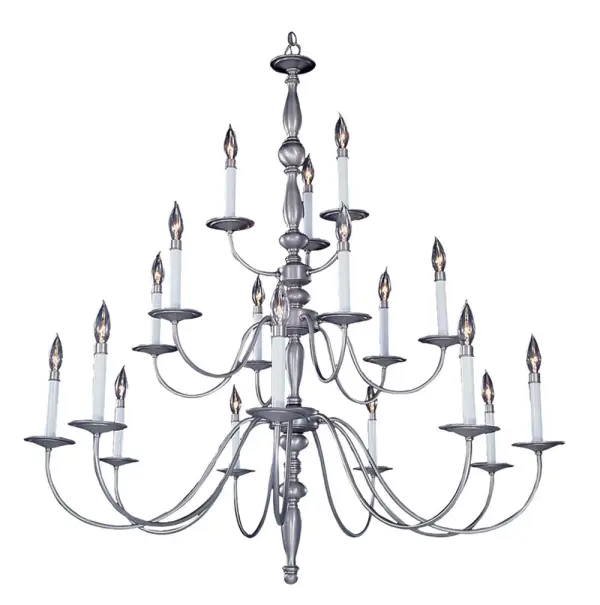 The Jamestown foyer chandelier commands attention with 18 candelabra lights arranged in a multi-tier design. At 42 inches wide and 45 inches tall, this substantial fixture is purpose-built for grand entryways and two-story spaces.