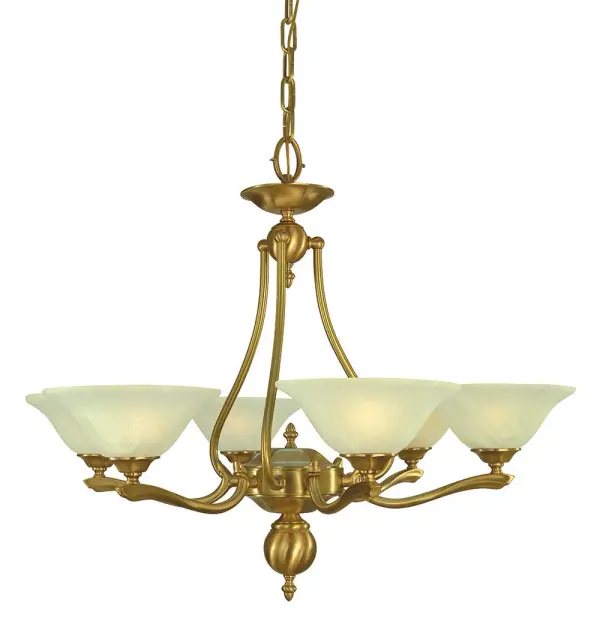 The Fin De Siecle chandelier brings timeless elegance to dining spaces with its 6-light configuration and brushed brass finish. At 31 inches wide, it's perfectly scaled for larger dining tables while the adjustable chain allows customization.